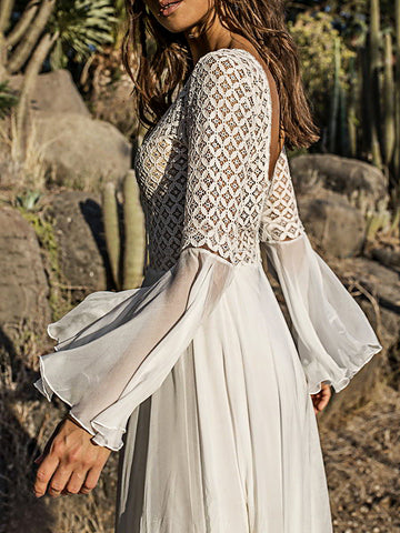 Blanche Robe en Mousseline V-cou Manches Cloche Longue Invité Mariage